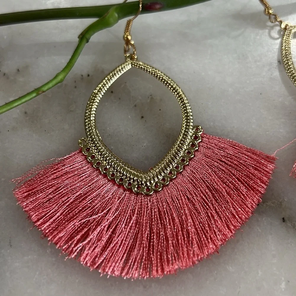 Tassel Fan Earrings Salmon Pink and Gold